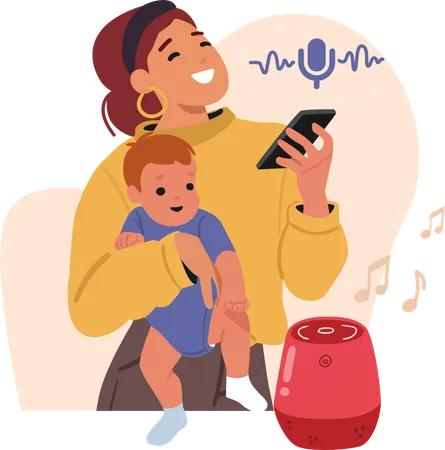 Happy mother using voice activation mobile smart home app to turn on player speaker  Illustration