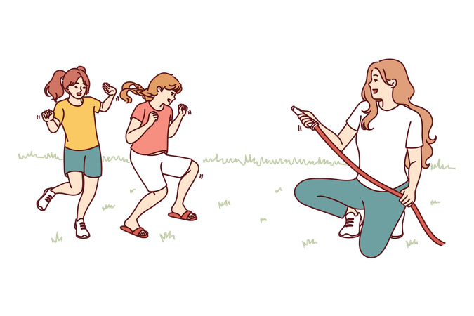 Happy mother watering laughing children and enjoying summer in park  Illustration