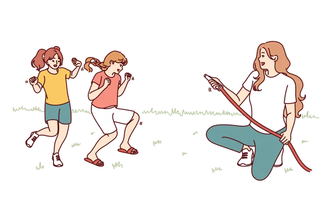 Happy mother watering laughing children and enjoying summer in park  Illustration