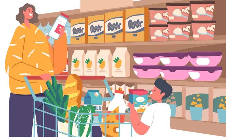 Happy Mother with Little Son Making Purchases in Store Illustration