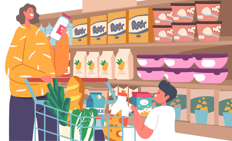 Happy Mother with Little Son Making Purchases in Store  Illustration