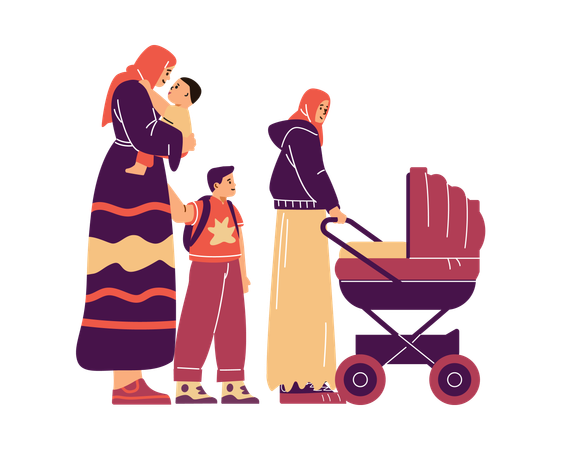 Happy mother with many children in hijab with her children  Illustration