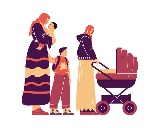 Happy mother with many children in hijab with her children  Illustration