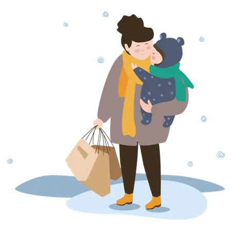 Happy Mothers Day Concept Background Cute Mom Holds Baby Little Child Hugs And Congratulates On Holiday Family Walking In Winter Park Greeting Card Vector Illustration In Flat Cartoon Design Illustration