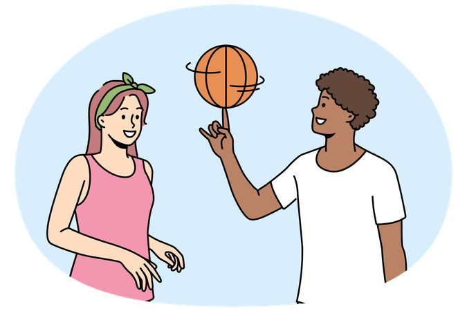 Happy multiracial friends have fun playing basketball outdoors  Illustration