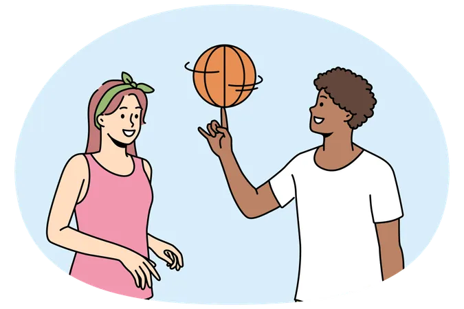 Happy multiracial friends have fun playing basketball outdoors  Illustration