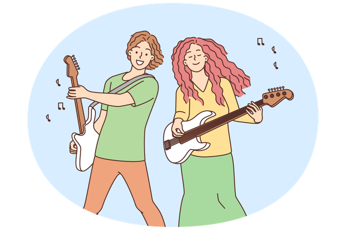 Happy musicians with guitars playing music  Illustration