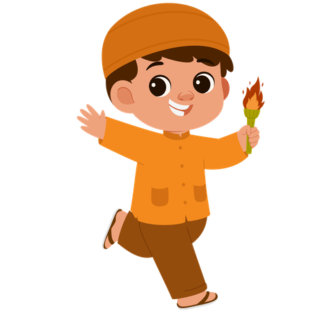 Happy Muslim Boy Holding Atorch Flame  Illustration