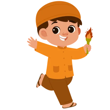 Happy Muslim Boy Holding Atorch Flame  Illustration