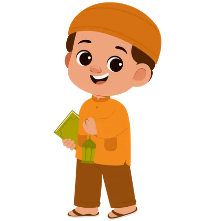 Happy Muslim Boy Holding Lantern  Illustration