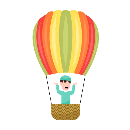 Happy muslim boy Riding Hot Air Balloon  Illustration