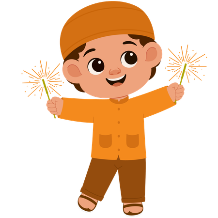 Happy Muslim Boy With Firecrackers  Illustration