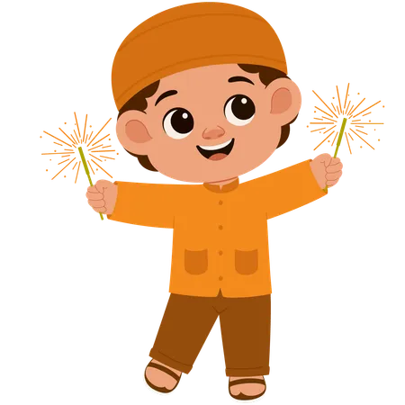 Happy Muslim Boy With Firecrackers  Illustration