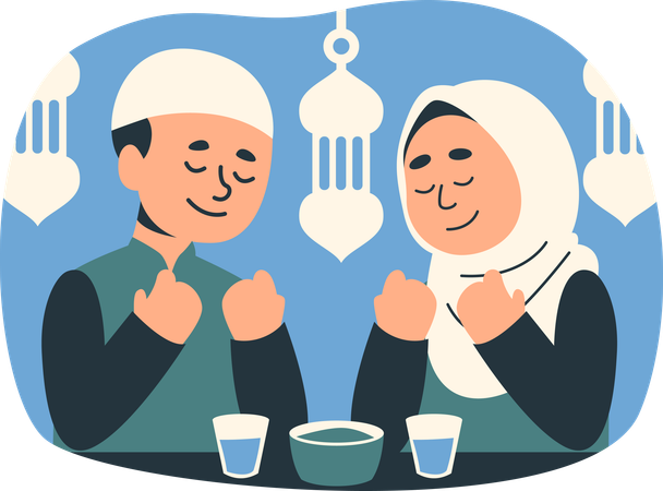 Happy Muslim Couple Praying During Ramadan with Lanterns  Illustration