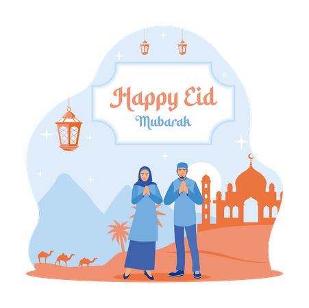 Happy Muslim couple welcoming and celebrating Eid al Fitr  일러스트레이션