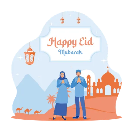 Happy Muslim couple welcoming and celebrating Eid al Fitr  Illustration