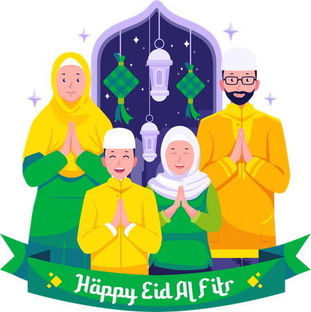 행복한 무슬림 가족과 Eid 인사 및 축하  일러스트레이션
