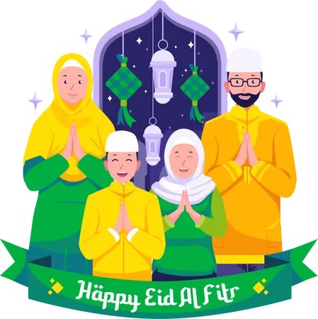 幸せなイスラム教徒の家族とイードの挨拶とお祝い  イラスト