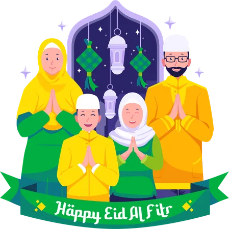 Happy Muslim Family and greeting and celebrating Eid  Illustration