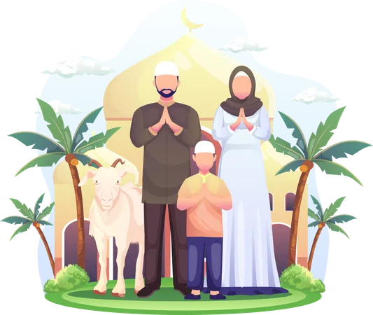 Happy Muslim Family Celebrates Eid Al Adha Mubarak With A Goat In A Front Mosque Flat Vector Illustration Illustration