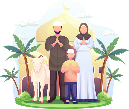 Happy Muslim family celebrating Eid Al Adha  Illustration