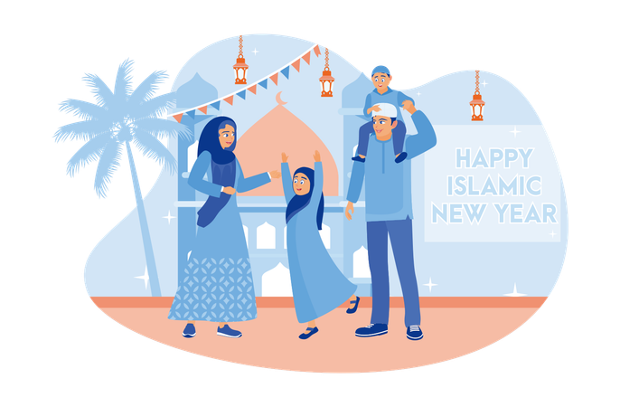 Happy Muslim Family Celebrating The Islamic New Year  Illustration