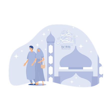 Happy Muslim Family coming from mosque building Illustration