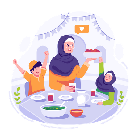 Happy muslim family eating iftar food  Illustration