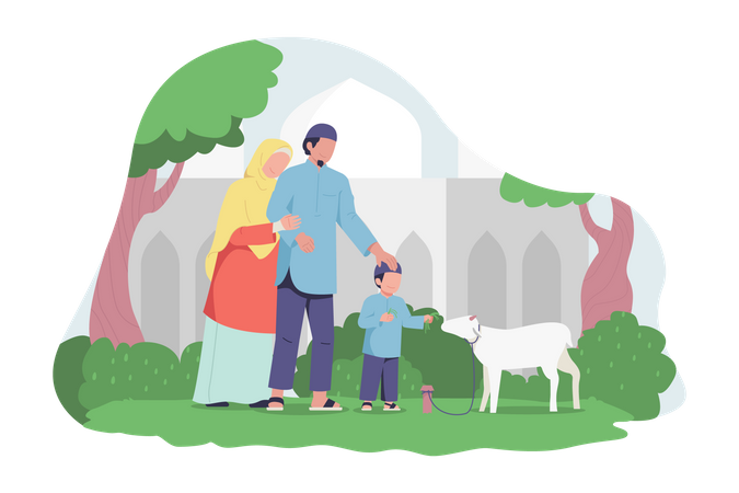 Happy Muslim family feeding a goat  Illustration