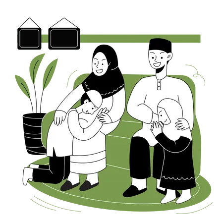 Happy muslim family sitting in living room  イラスト