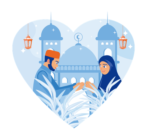 Happy Muslim family welcoming Eid al Fitr  Illustration