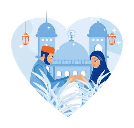 Happy Muslim family welcoming Eid al Fitr  Illustration