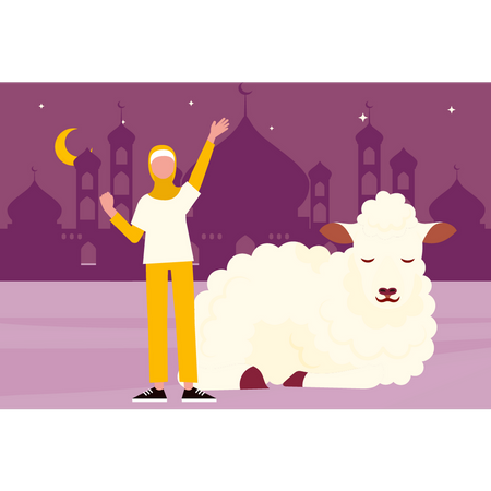 Happy muslim girl with sheep  Illustration