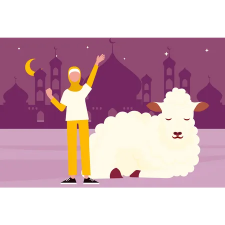 Happy muslim girl with sheep  Illustration