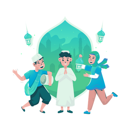 Happy Muslim kids celebrate Eid  Illustration