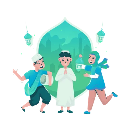Muslim Kids With Happy Expressions To Celebrate Eid Mubarak Illustration