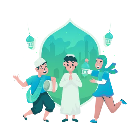 Happy Muslim kids celebrate Eid  Illustration