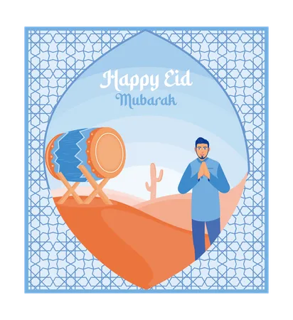 Happy Muslim Man Welcoming Eid Al Fitr  Illustration