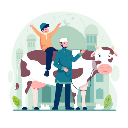 Happy muslim man with cow  Illustration