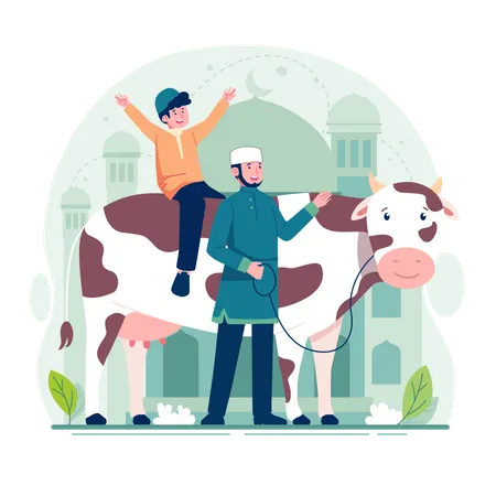 Happy muslim man with cow  Illustration