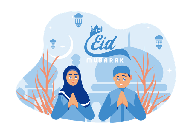 Happy Muslim teenage couple welcoming and celebrating Eid al Fitr  Illustration