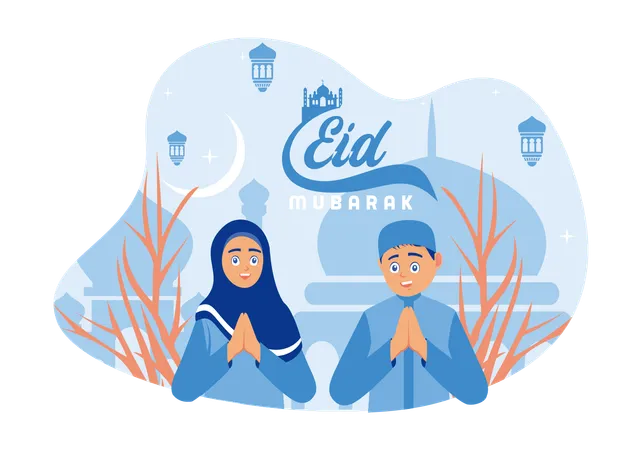 Happy Muslim teenage couple welcoming and celebrating Eid al Fitr  일러스트레이션