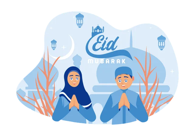 Happy Muslim teenage couple welcoming and celebrating Eid al Fitr  Illustration