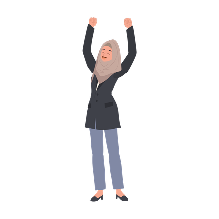 Happy Muslim Woman Raising Hand in Joyful Celebration of Business Success  Illustration