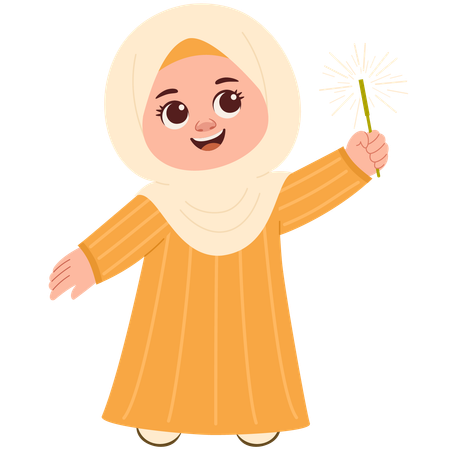 Happy Muslimah With Firecrackers  Illustration