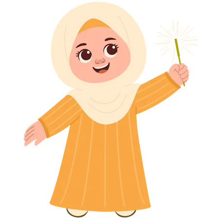 Happy Muslimah With Firecrackers  Illustration