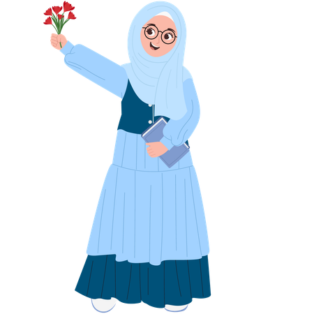 Happy Muslimah With Flower  Illustration