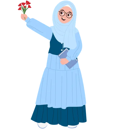 Happy Muslimah With Flower  Illustration