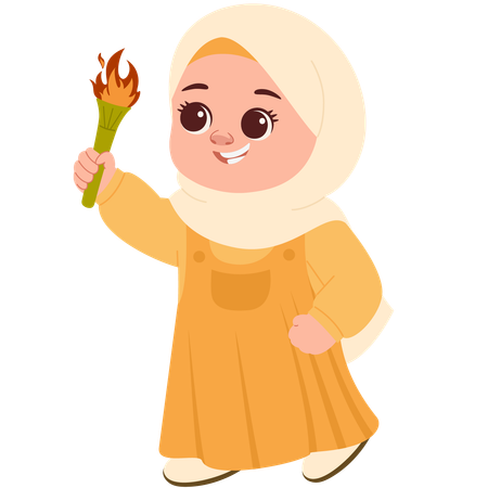 Happy Muslimah With Torch Bamboo  Illustration