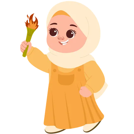 Happy Muslimah With Torch Bamboo  Illustration